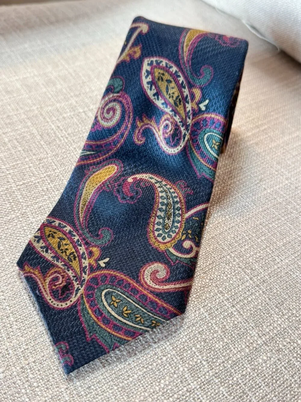 Countess Mara Silk Tie – Paisley on Glen Plaid – Blue Gold Burgundy – 3.75